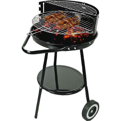 Barbecue con ruote ripiano griglia tonda in acciaio inox cuoci arrosticini fornacella a carbone per arrosti spiedini carne pesce (1/4)