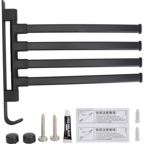 Porte-serviettes mural noir 4 bras en aluminium, pivotant à 180°, barre plate pour salle de bain et maison (1/5)