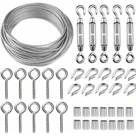 Kit de corde de Suspension en fil d'acier inoxydable de 30M 2mm-avec tendeur de câble M5 et crochet-pour l'escalade, clôture de jardin, corde à linge (1/5)