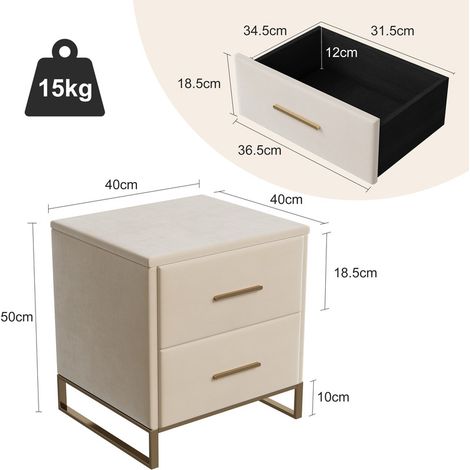 Lot de 2 Tables de Chevet, Finition Velours, avec 2 Tiroirs de Rangement, Poignées et Base en Métal Doré, Style élégant, Table d'appoint, Pour Salon, Chambre, Beige (1/5)