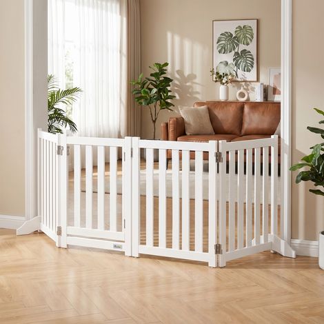 Barrière de Sécurité Chien Pliable Double Face en Bois, 4 Panneaux avec Porte, Pieds de Support, 205 x 60 cm, Blanc