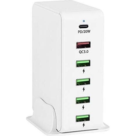 Multi-USB-Ladegerät, 65W 6-Port Schnell-USB-Ladegerät mit 20W USB-C-Netzteil und 1x Quick Charge 3.0 USB-Stecker für iPhone 12 Mini /8/7 /se, Xiaomi Redmi Note 10 Pro etc. (1/4)