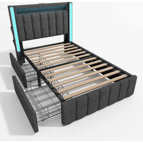 Cama individual tapizada 90 x 200 cm con USB, Type-C, LED y 2 cajones de tela gris - MODENUIT (1/5)
