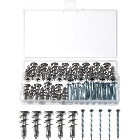 25 ancrages pour cloisons sèches et 25 vis, fixations auto-foreuses en métal lourd pour placoplâtre avec vis, chevilles en zinc brut mur de cavité pour usage professionnel et domestique (1/5)