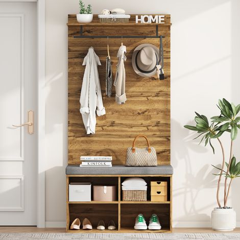 Ensemble de vestiaire de 175 cm aspect bois avec banc à chaussures, étagère réglable, barre de penderie et coussin – 84 x 32 cm – meuble d’entrée pratique (1/5)