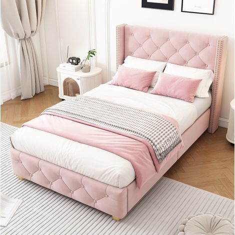 Lit enfant 90x190 cm - Avec tête de lit - Avec sommier à lattes - En velours - Rose (1/5)