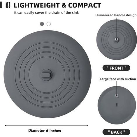 Lot de 2 Bouchons de Vidange en Silicone 15 cm avec Ventouse, Anti-Odeurs pour Baignoire Lavabo Douche et Évier de Cuisine, Gris et (1/4)