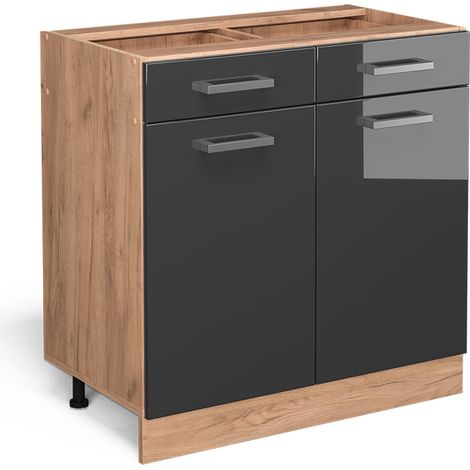 Mobiletto base per cucina R-Line, Antracite lucido, 80 cm senza piano di lavoro, Vicco