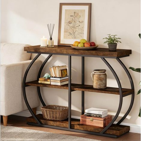 Tavolo consolle 105x24x80 cm marrone in legno e metallo con 3 ripiani (1/5)
