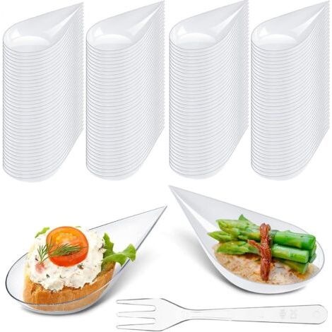 100 assiettes à apéritif en plastique avec fourchettes, 5 cm de diamètre, transparentes et réutilisables, idéales pour les dégustations de desserts en forme de bol. (1/4)