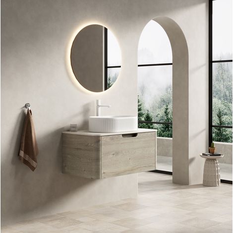 Mueble lavabo curvo con almacenaje y travertino OKMYHOME (1/5)