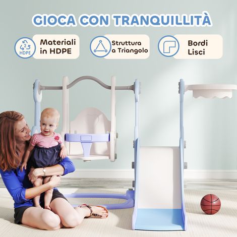 Lot de 4 jeux pour enfants : toboggan, balançoire, mur d'escalade et panier de basket, dimensions 147,5x160x107 cm, couleur bleu ciel. (1/5)