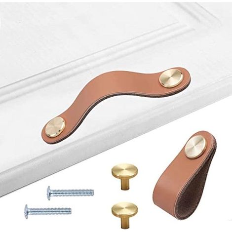 Poignées de meuble en cuir, 4 poignées de meubles vintage, boutons en cuir pour armoires de cuisine (marron clair). (1/5)