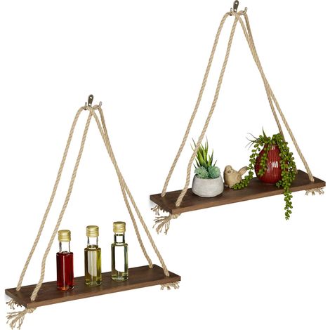 Étagère Flottante Bois, Set de 2, Tablette Suspendue, Cordes Maritime, Vintage Plante, 49 x 43 x 13 cm, Brun (1/5)