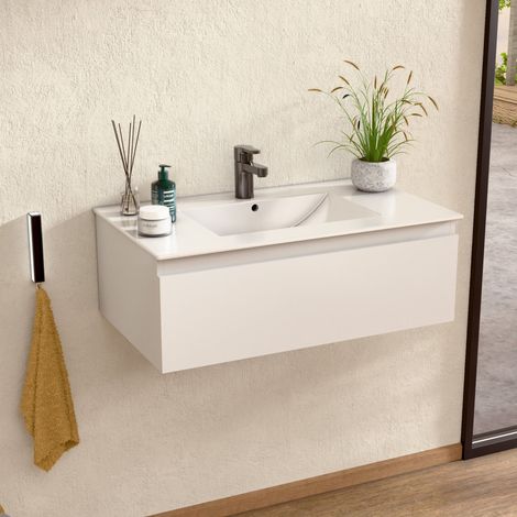 BELLOBATH – Hängender Badezimmerschrank mit Keramikwaschbecken, Badezimmerschrank mit 1 Schublade, 100 x 27 x 46 cm, weißer Schrank