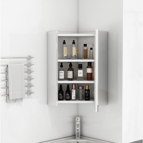 Mobile specchio angolare sospeso con 3 lati a specchio, cerniere ammortizzate, ripiani integrati, MDF bianco e vetro (1/5)