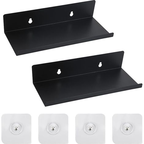 Autocollante Petite Etagere Murale Noir en Métal 10x20x4cm, 2pcs Etagere Flottante Murale Salle de Bain,Sans Percer Mini Etagere Cuisine Murale , Muralespour pour Lavabo ,Toilette Charge 10 Kg (1/5)