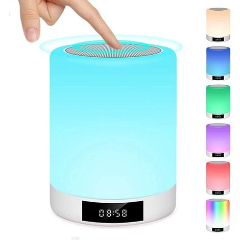 Lampe de Chevet Tactile Rechargeable Portable, Lampe de Table Enceinte Bluetooth Musique, FM Radio Réveil Lumière LED Multicolor Mains Libres, Idée Cadeau Fille, Ado, Mère, Anniversaire