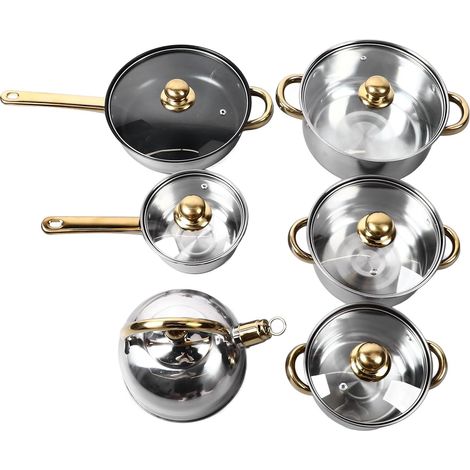 12-Piece Stainless Steel Cookware Set with Gold Handles and Lids, Multi-Size Pots and Pans for Gas and Stovetop Cooking (1/5)