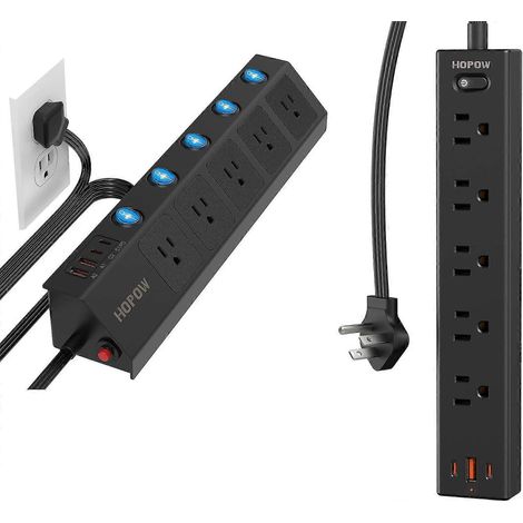 Multiprise à fiche plate, rallonge plate ultra-mince de 6 et 10 pieds avec protection contre les surtensions, 5 prises et 2-3 ports USB (2 USB-C), 1700 Joules, conception pour montage mural. (1/5)