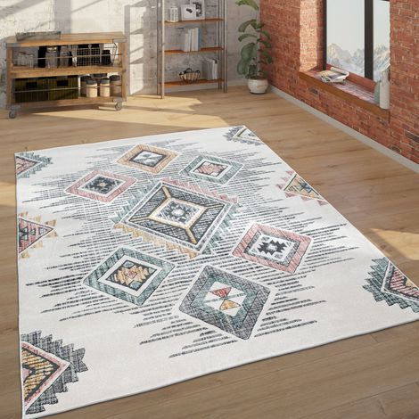 Paco Home Teppich Wohnzimmer Geometrisches Ethno Muster Kurzflor Mehrfarbig Beige Grau Rot 200x290 cm