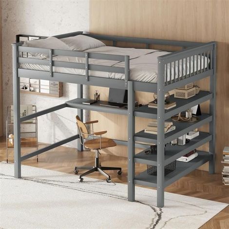 Lit en mezzanine - GUTENT - 140 x 200 cm - Bureau intégré - Étagères de rangement - Gris