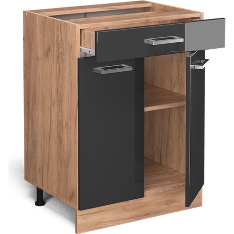 Mobiletto base per cucina R-Line, Antracite lucido, 60 cm con cassetto, senza piano di lavoro, Vicco (1/4)