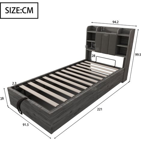 Lit en bois 90x200 cm, sommier hydraulique, tête de lit avec rangement, prises USB et Type-C intégrées, lit simple pour ado, gris (sans matelas) (1/5)