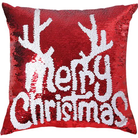 Soldes de Noël Coussin renne à flocons de neige rouge à sequins double face, décoration de Noël élégante (1/5)