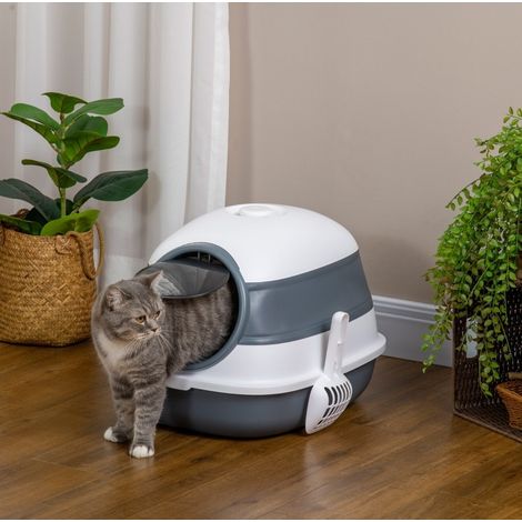 Litière fermée pliable pour chat 52x41x38 cm, blanc/gris, gain de place, hygiénique FloraGrace (1/5)
