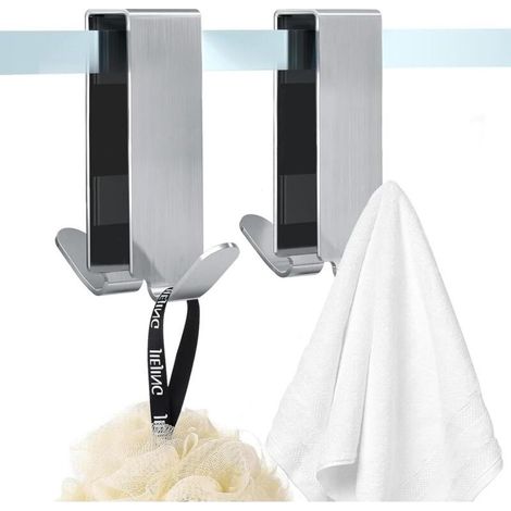 Lot de 2 crochets de suspension pour serviettes sans perçage - En acier inoxydable - Pour paroi de douche - Porte-serviettes - Double face - Pour épaisseur de verre de 0,6 à 1,1 cm - Longueur (1/5)