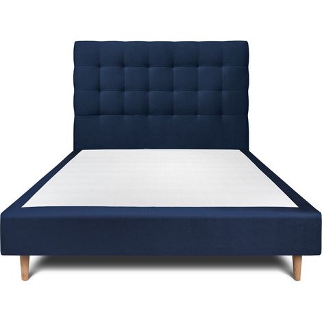 Lit 140x190cm avec tête de lit capitonnée velours et sommier tapissier Bleu - Hauteur totale : 35cm (1/5)