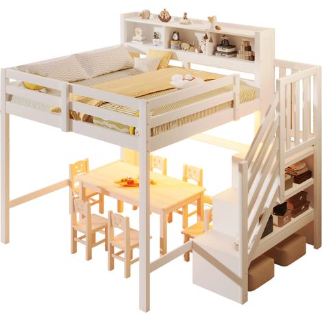 Lit mezzanine 140x200 avec led & grand espace sous le lit, escalier de rangement & étagères ouvertes, design gain de place moderne, robuste - blanc (1/5)