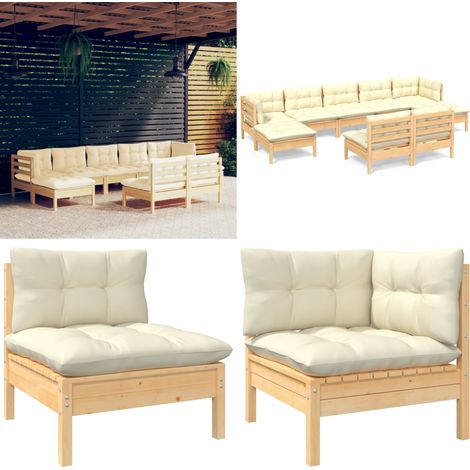 9-tlg. Garten-Lounge-Set mit Creme Kissen Kiefernholz - Gartensessel - Lounge Set - Gartenmöbel - Outdoor Möbel - Rattan Sessel - Home & Living (1/5)