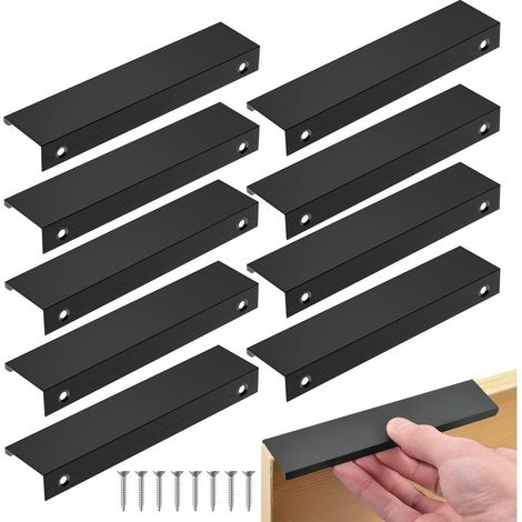 Black Kitchen Handle, 10 Pcs Invisible Cabinet Handle with Center Distance, Aluminum Door Handle, Black Handle for Office Furniture, Drawer and Cabinet (128mm/Length 150mm) (1/5)