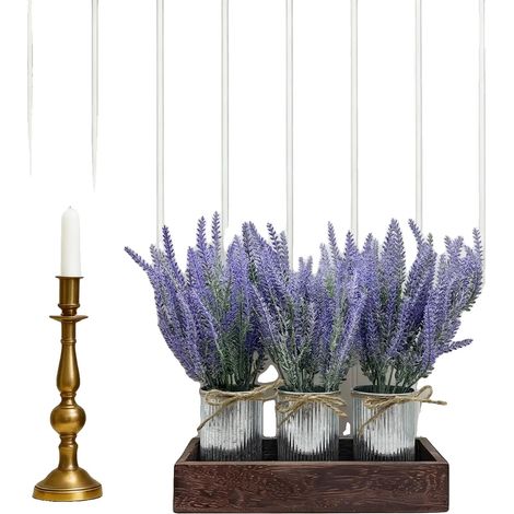 Piante di lavanda artificiali, in plastica, per interni, 3 pezzi, vasi in metallo rustico, design floreale artificiale (1/5)