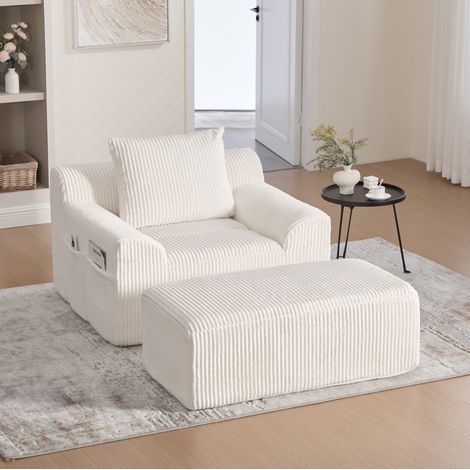 XXL-Sessel 147x110x67 cm Beige Cord mit Fußhocker, Seitentaschen und montagefreiem Komfort (1/5)