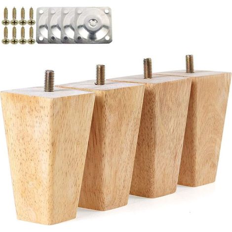 4 Pcs Pieds de Meuble en Bois 10cm Pieds de Armoire Lit avec Plaques de Montage et Vis (1/5)