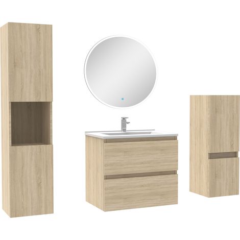 Ensemble meubles Salle de Bain 60cm simple vasque + colonne + miroir rond mural Chêne Wotan