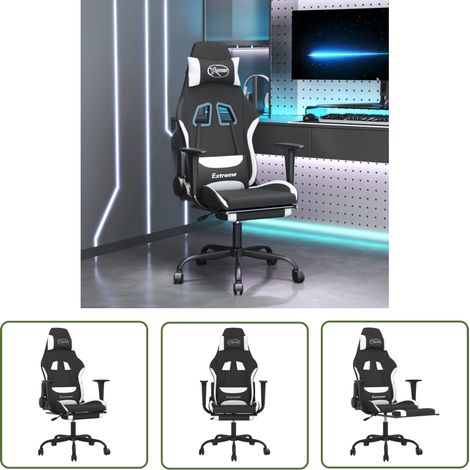 The Living Store Gaming-Stuhl mit Massage & Fußstütze Schwarz und Weiß Stoff - Gaming Stuhl - Gamer Chair - Bürostuhll - Schreibtischstuhl - Ergonomischer Stuhl (1/5)