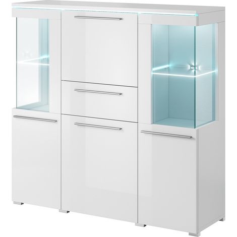 Buffet alto per soggiorno colore bianco lucido con illuminazione LED multicolore integrata collezione BOMBAY.