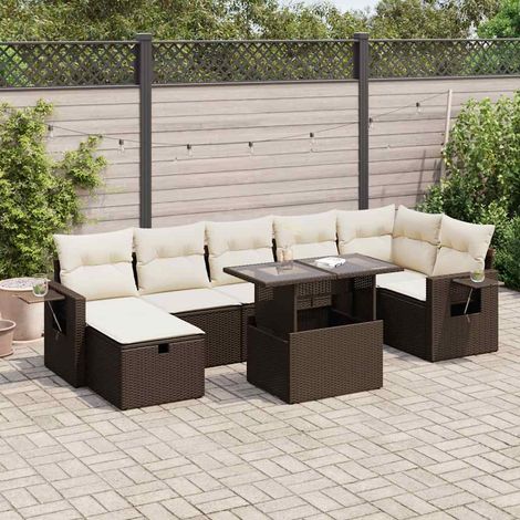 Salon de Jardin 8 Places en Résine Tressée Marron avec Coussins Crème - Set Complet Canapé d'Angle, Sièges, Tabouret et Table (1/4)