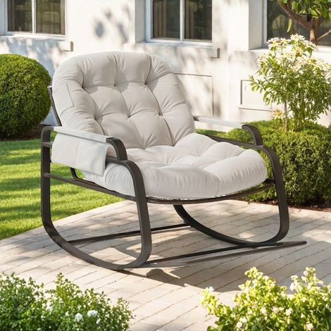 Schaukelstuhl - TANANT - Rattan - Gepolstertes Kissen - Leinenstoff - Beige