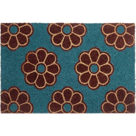 Paillasson d'Entrée en Fibre de Coco 40 x 60 cm Dessous PVC Antidérapant Motif Floral Bleu Kulik