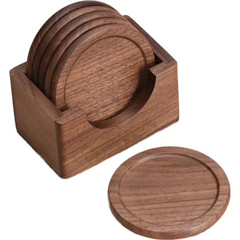 Ensemble de 6 sous-verres en bois de noyer avec supports, finition naturelle, protège-table décoratif pour la salle à manger et le bureau. (1/5)