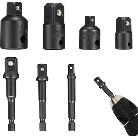 Ensemble de 7 adaptateurs et réducteurs à cliquet pour douilles 1/2", 3/8" et 1/4", avec foret et adaptateur à tige hexagonale 1/4", 3/8" et 1/2". (1/5)