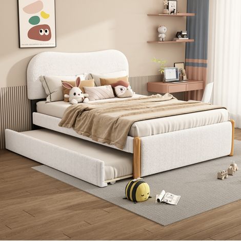 Cama tapizada 140x200 cm blanca en tejido plush y MDF con cama nido extraíble (1/5)