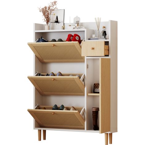 Armoire à chaussures en rotin bois d’ingénierie 3 portes basculantes 1 tiroir pieds bois massif W90/H125/D17 cm-Chi. (1/5)