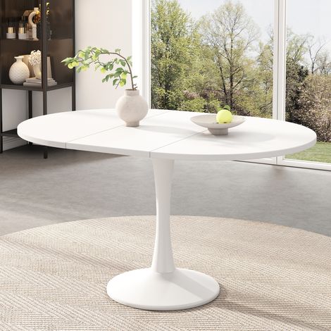 Mesa de comedor de MDF 100/140 x 100 x 75 cm blanca, ovalada y extensible (1/5)