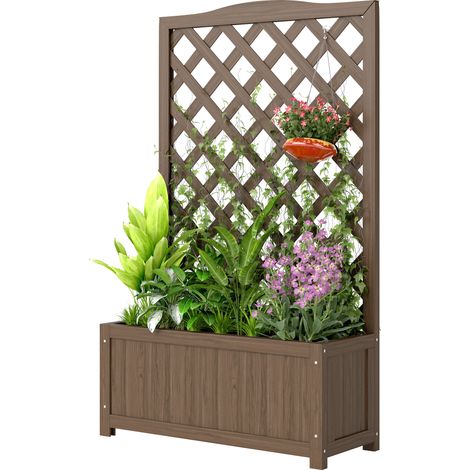 Jardinière treillis bois massif 70x28x117cm café foncé